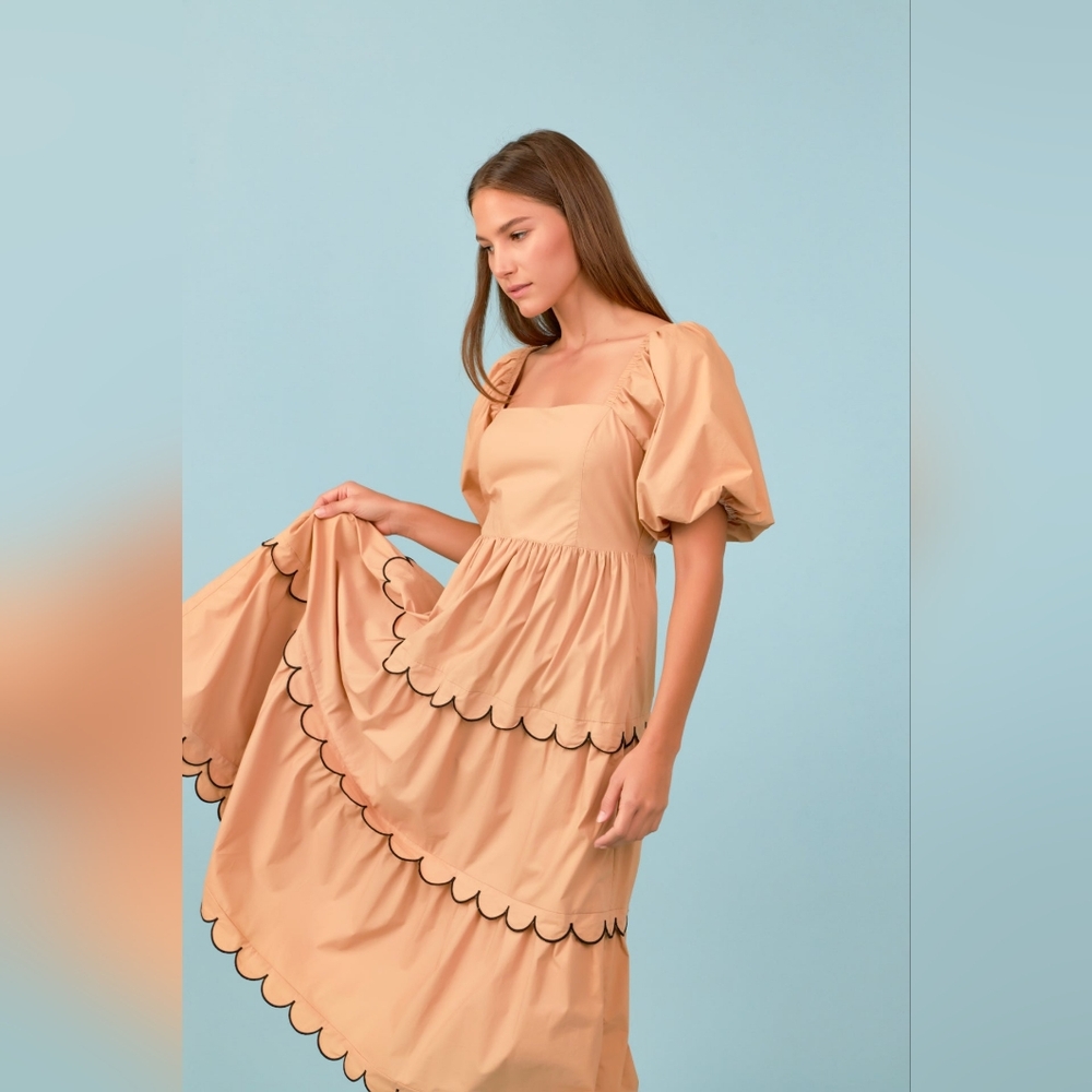 NWT - English Factory - Cotton Scallop Tan Colorblock Midi Dress - Size S